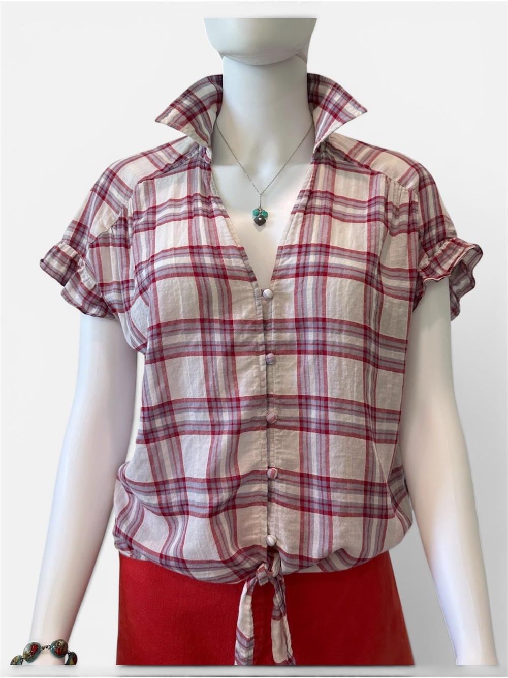 Paige Tie-Hem Short Sleeve Plaid Top in Red and Cream